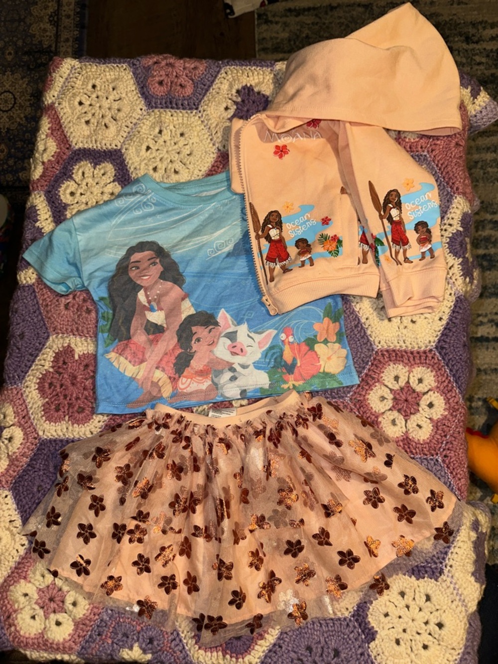 Kids Matching Set - Peach Hoodie, Blue Moana Tee & Peach Floral Skirt